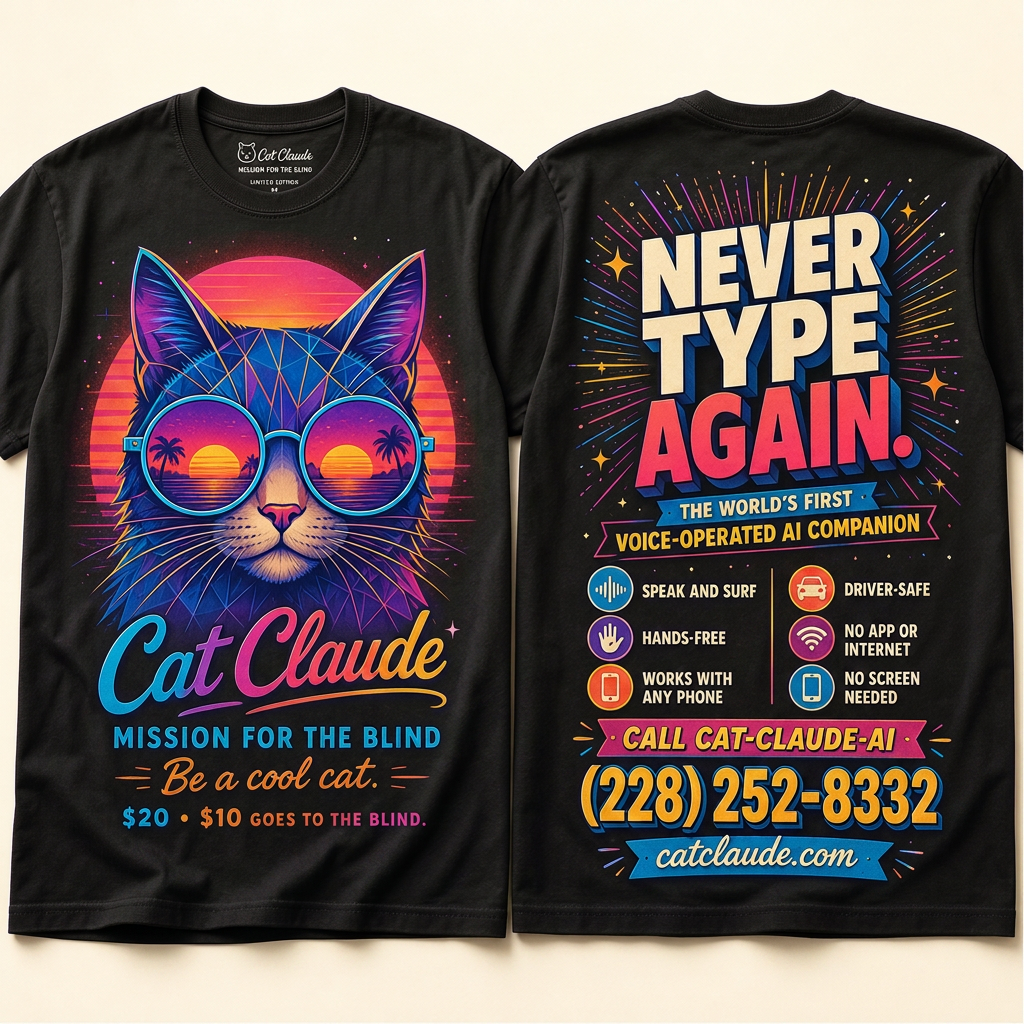 Front and back of the black CAT CLAUDE Mission T-Shirt
